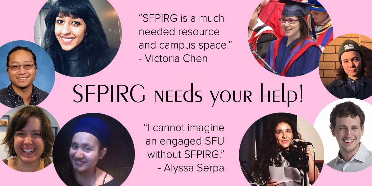 "SFPIRG needs your help!" surrounded by SFPIRG volunteers