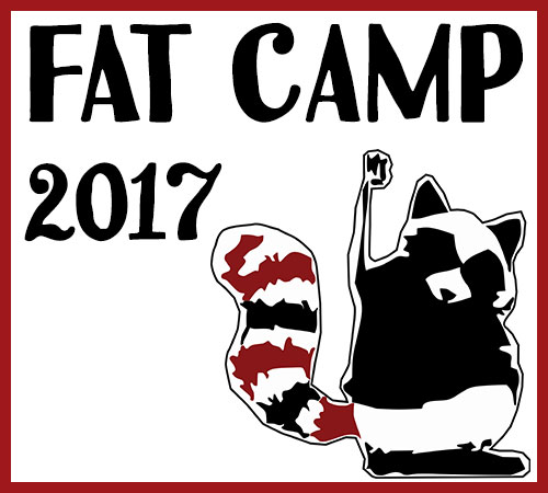 Fat Camp 2017 with a fat raccoon holding its fist up