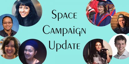 "Space Campaign Update" surrounded by SFPIRG volunteers