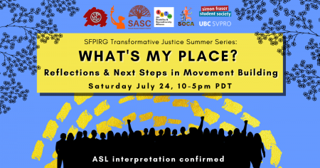 A blue background with dashed yellow lines and the outlines of leaves and branches at the top. In a yellow rectangle, text reads “SFPIRG Transformative Justice Summer Series: What’s My Place? Reflections and NExt Steps in Movement Building, Saturday July 24, 10-5pm PST.” At the bottom there are silhouettes of people rallying in black, and white text that reads “ASL interpretation confirmed.” 