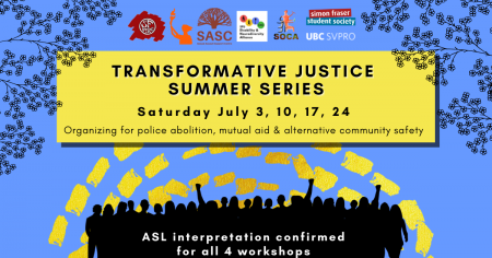 A blue background with dashed yellow lines and the outlines of leaves and branches at the top. In a yellow rectangle, text reads “ Transformative Justice Summer Series: Organizing for police abolition, mutual aid & alternative community safety, Saturday July 3, 10, 17, 24.” At the bottom there are silhouettes of people rallying in black, and white text that reads “ASL interpretation is confirmed for all 4 workshops.” 